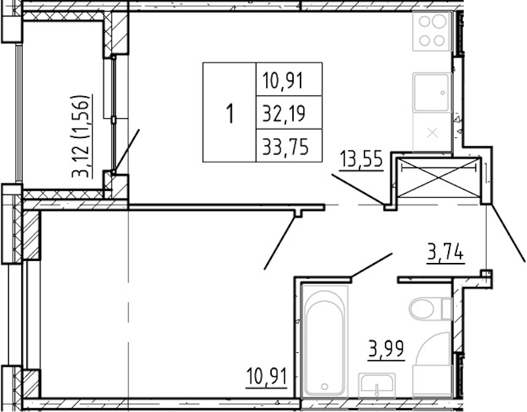 1-комнатная квартира 32.19 м², 2/12 эт., ЖК «Полис Новоселье»